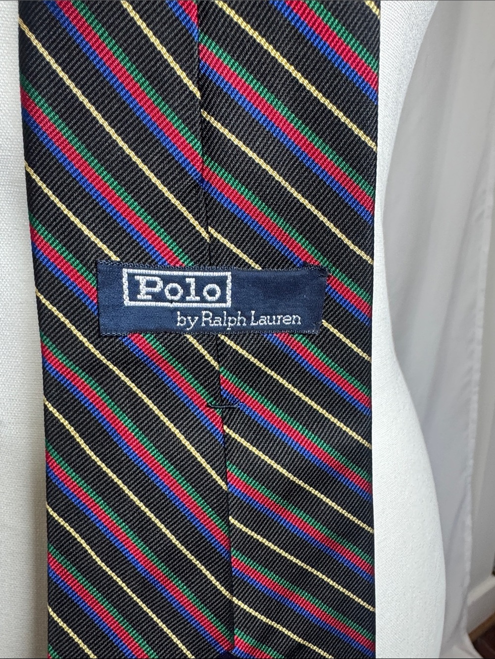 Polo Ralph Lauren Vintage Repp Tie Navy Red Green Gold Striped Handmade Mens